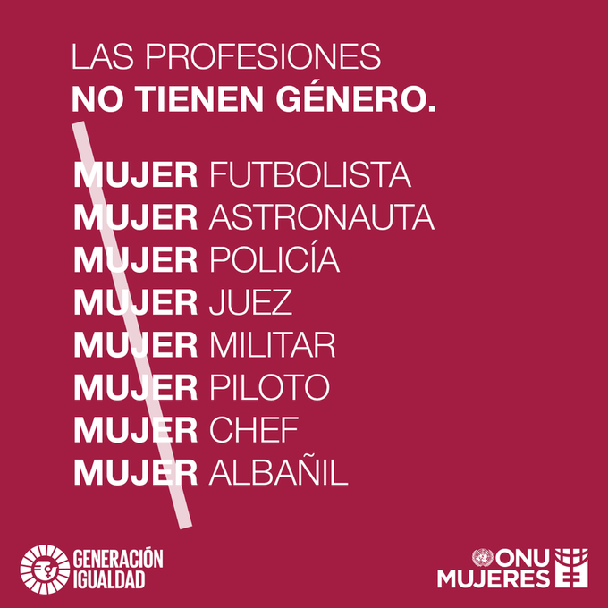 ONU_es's tweet photo. No hay carreras de hombres ni de mujeres.

Súmate a este llamado de @onumujeres para construir una #GeneraciónIgualdad en la que no haya cabida para el sexismo y los estereotipos de género. https://t.co/IqfrcSmNMF https://t.co/vtWfvpYEPR