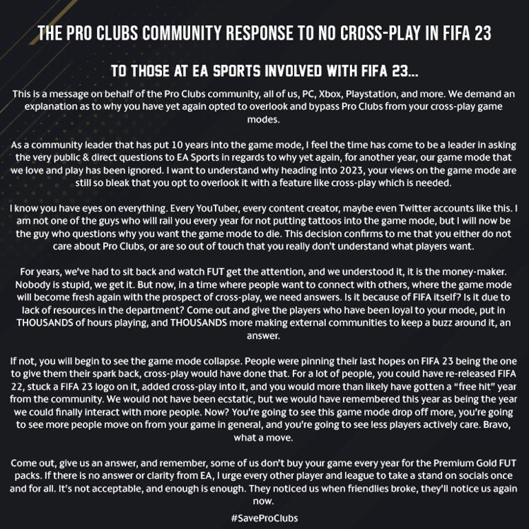 KD ๐ (@kingdavid7x) on Twitter photo Fifa 23 Pro Clubs
- No crossplay โ
- 2000 games to rank up your pro to max level (again) #TheGrind ๐๐พโโ๏ธ
- Clubs & Volta Linked (nobody cares ๐ญ)
- More pointless customisations for CPUs ๐ฅ๐ฅ๐ฅ
Well done @EASPORTSFIFA <a href="/EAFIFADirect/">EASFCDirect</a> ๐๐พ๐๐พ๐๐พ
#SaveProClubs Fifa 23 Pro Clubs
- No crossplay โ
- 2000 games to rank up your pro to max level (again) #TheGrind ๐๐พโโ๏ธ
- Clubs & Volta Linked (nobody cares ๐ญ)
- More pointless customisations for CPUs ๐ฅ๐ฅ๐ฅ
Well done @EASPORTSFIFA <a href="/EAFIFADirect/">EASFCDirect</a> ๐๐พ๐๐พ๐๐พ
#SaveProClubs