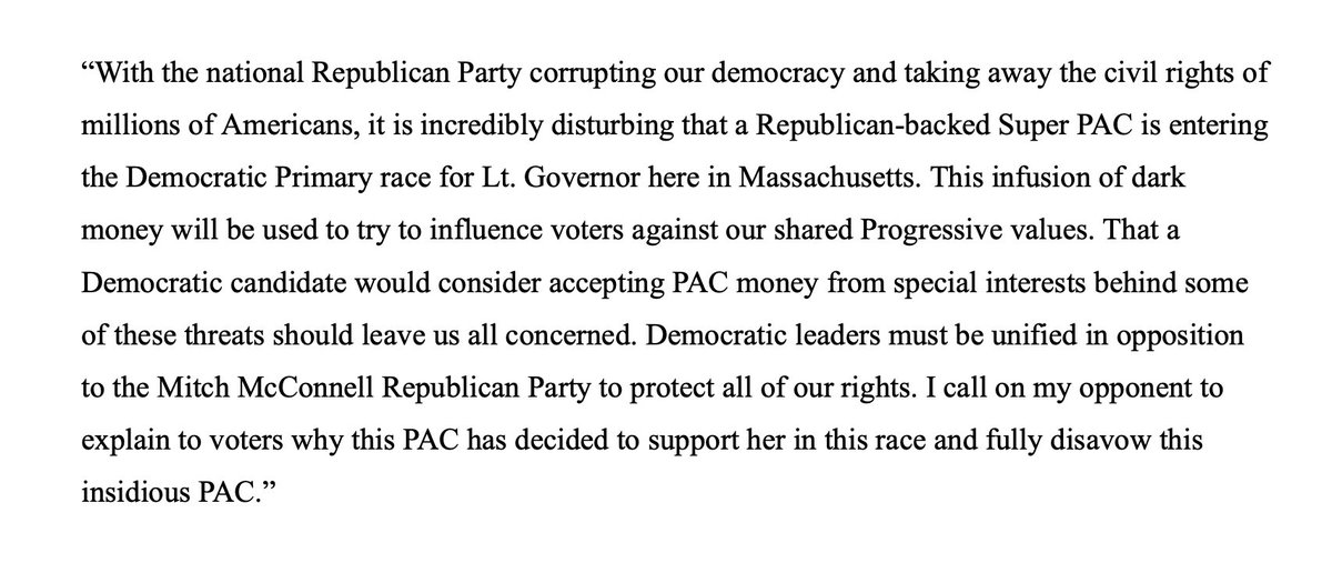 Read my statement on the negative impacts a Republican-funded Super PAC will likely have on the LG's race. I'm proud to have a campaign that puts the health, well-being &amp; dignity of everyday people at the heart of decision-making instead of dark-money &amp; special interests. #mapoli