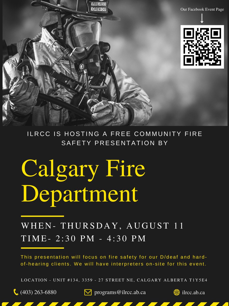 ILRCC's tweet photo. Do you know what to do in case of an emergency fire? 

Book your calendar on Thursday, August 11, from 2:30 - 4:30 PM. 

A presentation hosted by a Safety Officer with the #Calgary Fire Department will be at our office located at
Unit 134, 3359 - 27 Street NE, Calgary, Ab T1Y 5E4 https://t.co/M2pjOf3zwL
