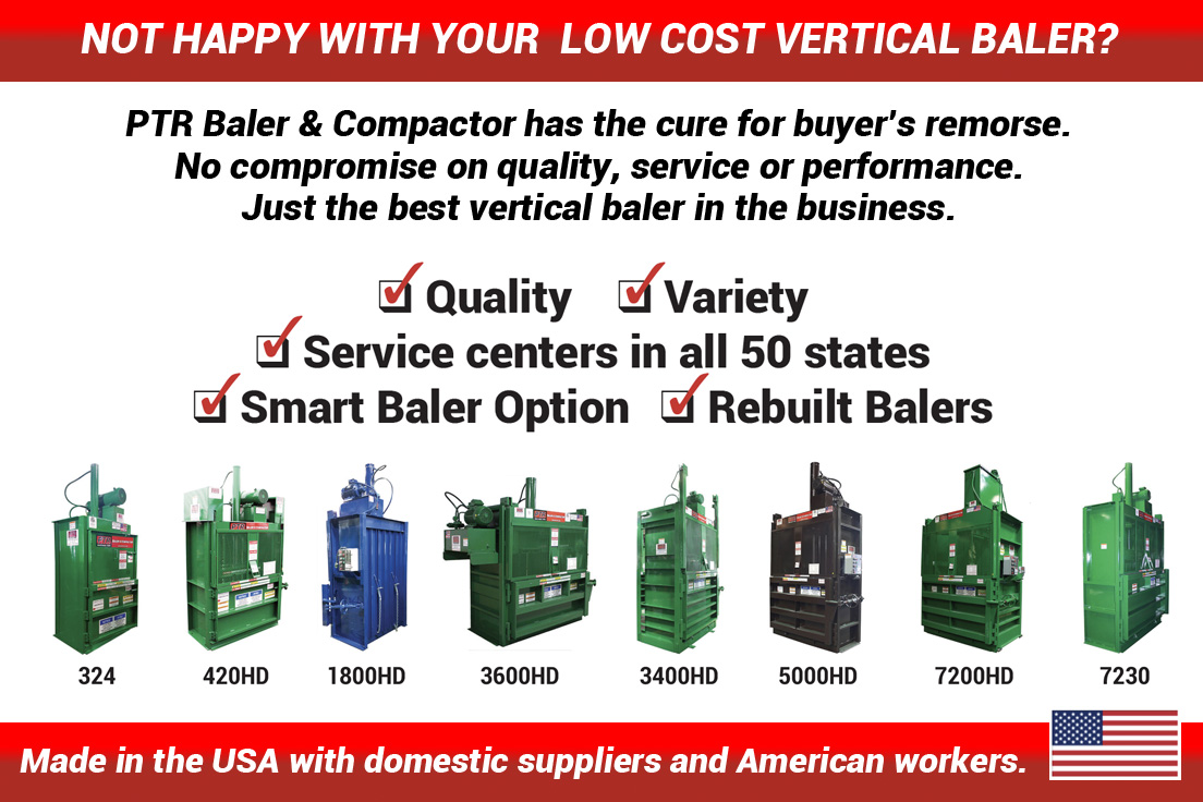 PTRsGreen's tweet photo. PTR Baler &amp; Compactor has the cure for buyer’s remorse. No compromise on quality, service or performance. Just the best vertical baler in the business. PTR represents years of developmental design, testing, and quality control. https://t.co/cRnKY5YId8