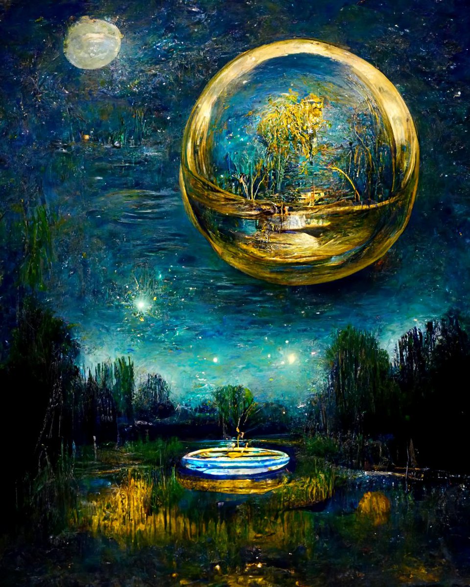 vfxartisan's tweet photo. @midjourney
oil painting of a magic orb floating on a mystic pond in the cosmos, willow tree, serenity, cinematic composition, rule of thirds, gold and teal accents, in the style of starry night by van Gogh 
#vangogh 
#midjourney #midjourneyart #midjourneyai #ai #aiart https://t.co/uVQeMFCuqd