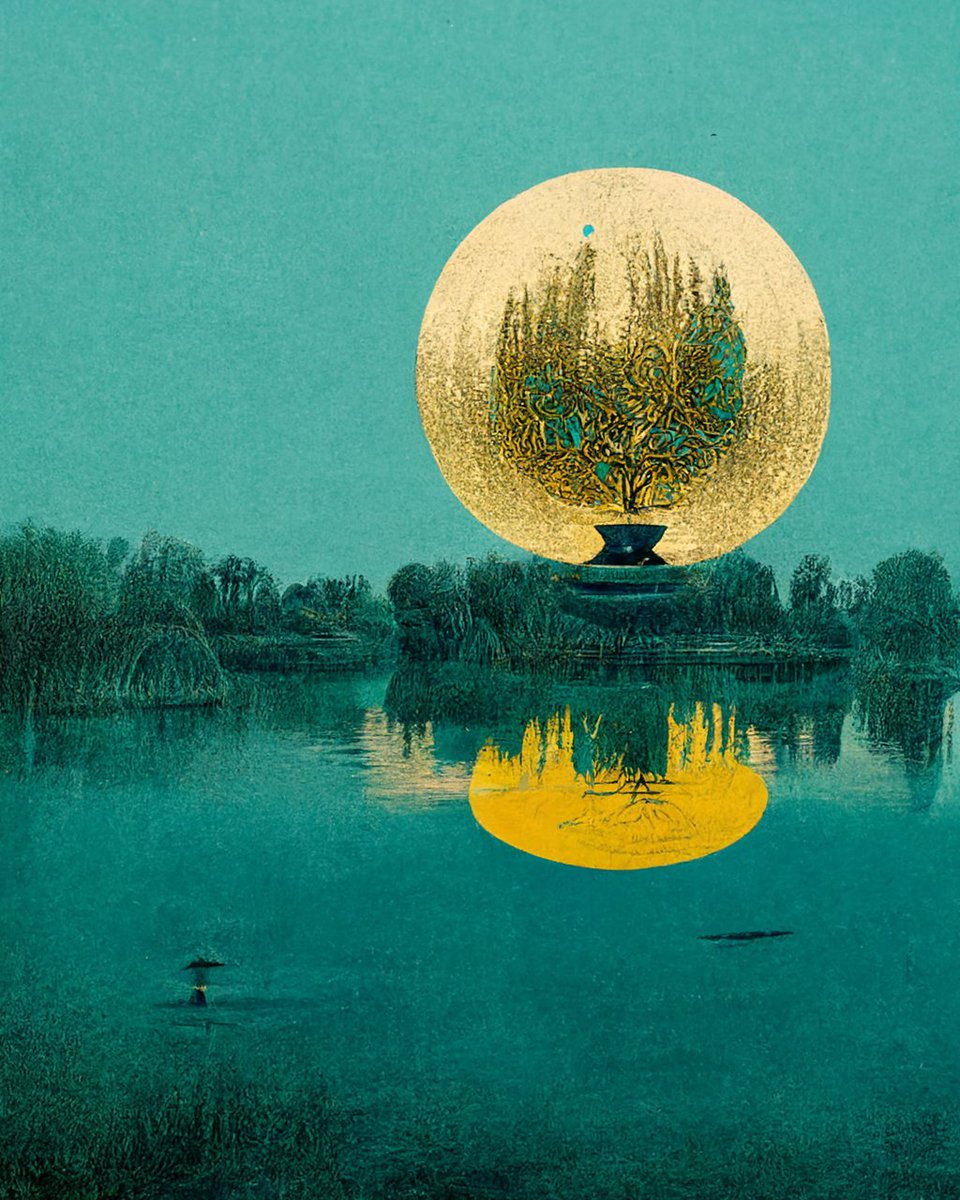 vfxartisan's tweet photo. @midjourney 
a wide shot of a magic orb floating on a mystic pond, willow tree, serenity, gold and teal accents, in the style of risograph 

#midjourney #midjourneyart #midjourneyai #ai #aiart https://t.co/GOfopzwRHY