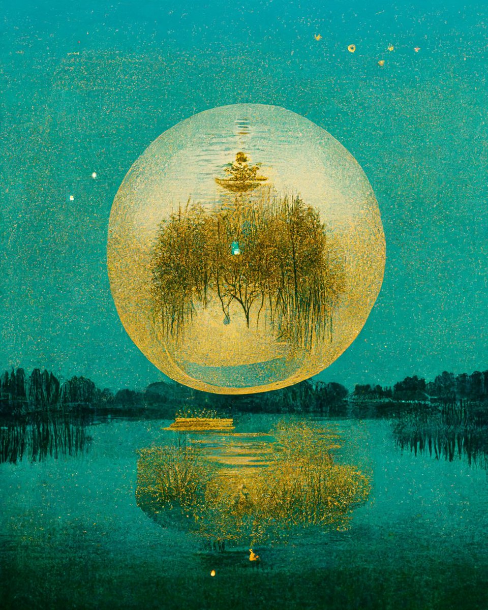 vfxartisan's tweet photo. @midjourney 
a wide shot of a magic orb floating on a mystic pond, willow tree, serenity, gold and teal accents, in the style of risograph 

#midjourney #midjourneyart #midjourneyai #ai #aiart https://t.co/GOfopzwRHY