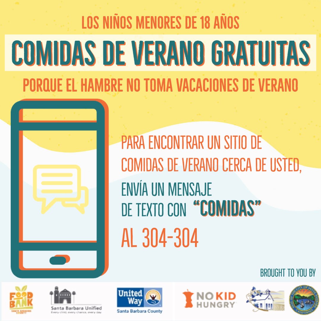 UnitedWaySB's tweet image. United Way is a proud partner of @nokidhungry which provides free meals to local children 18 and under during the summer months. Learn more or find a summer meal site near you by texting FOOD or COMIDAS to 304-304. #NoKidHungry #SummerProgramming