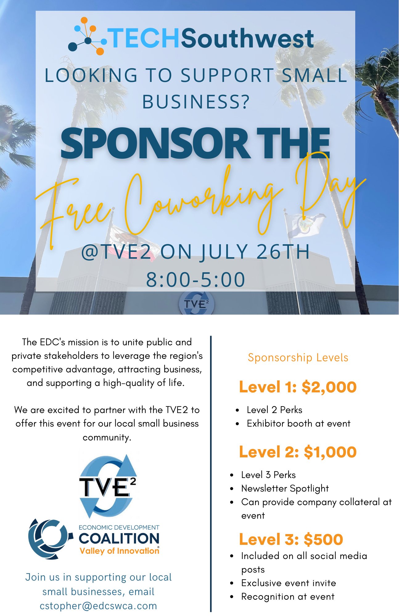 Riverside County Office of Economic Development on Twitter: "ATTN BIZ  OWNERS‼️ There's a FREE Co-Working Day coming to the TVE2 for startups: work  space, coffee, lunch &amp; fellow startups to collab with