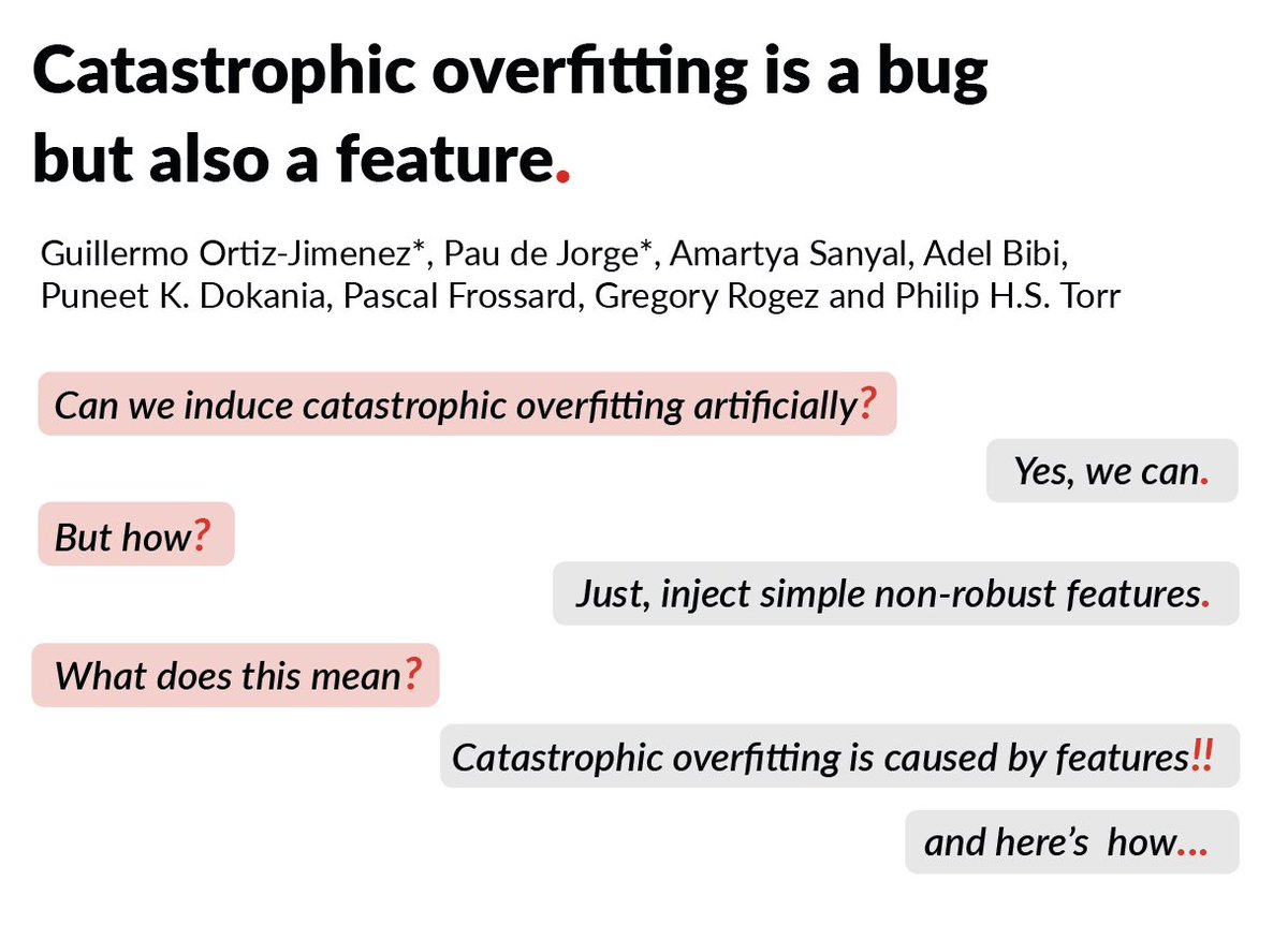 Deep learning phenomenon alert!🔬🚀

“Catastrophic overfitting is a bug but also a feature” 🐛

We find that single-step adversarial training fails due to the interaction between robust 💪 and non-robust 😈 features in the training set 🤯

📄: arxiv.org/abs/2206.08242

🧵 1/10