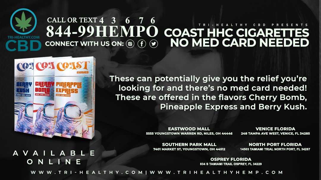 trihealthcbd's tweet photo. Looking for some HHC? https://t.co/Eovr0g5kM6 #CoastCigarettes #Coast #HHCCigarettes #BerryKush #CherryBomb #PineappleExpress #Cigarettes #CBDCigarettes #TriHealthyCBD https://t.co/sP0Bik7tgn