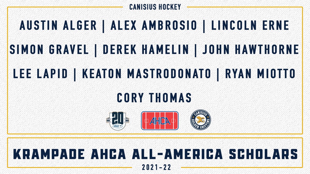 GriffsHockey's tweet photo. Congratulations to our 1️⃣0️⃣ student-athletes who were named @Krampade/@AHCAHockey All-America Scholars for the 2021-22 season!

#Griffs 

📰 - https://t.co/wzfCGBEWi1 https://t.co/xxZ3lkQQbP