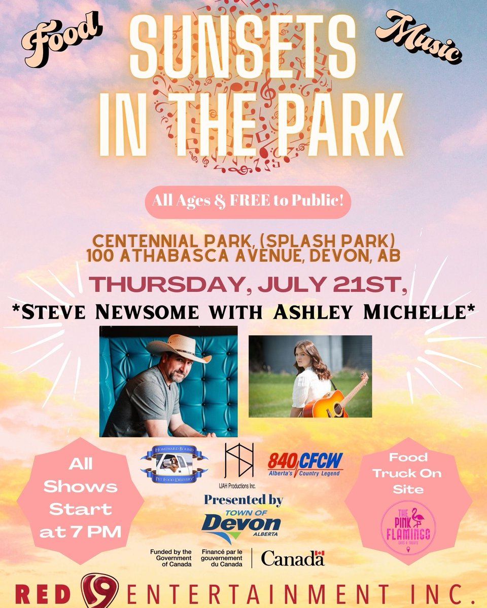 We are so excited for the second "Sunsets in the Park" concert tomorrow at Centennial Park starting at 7 p.m. and featuring Steve Newsome and Ashley Michelle!

Find more info about upcoming concerts at devon.ca/concertseries