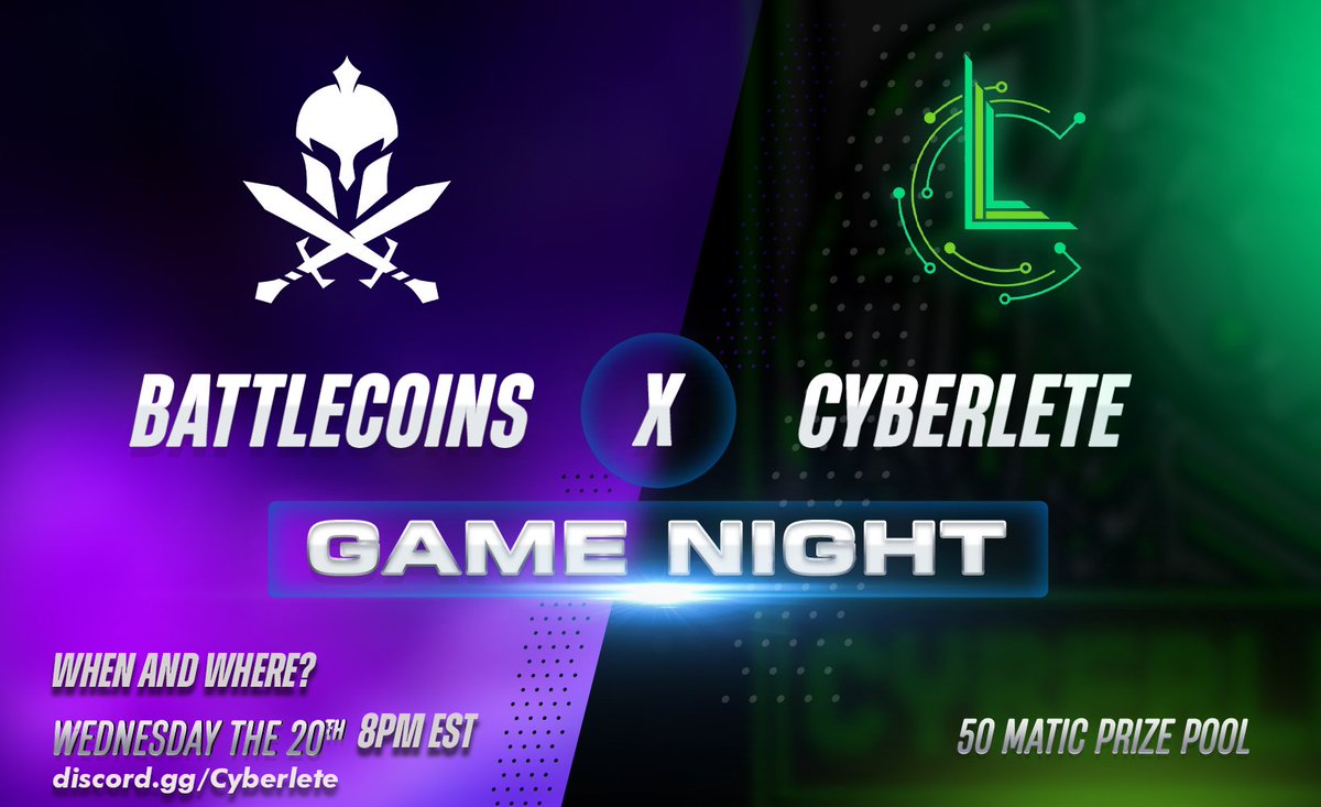 BattleCoinsDapp's tweet photo. Today is the Day! Battle your way to the Top in the BattleCoins x @Cyberlete Collab starting tonight at 8PM EST over on Discord (Link is Below)! https://t.co/iyrCeZbeKm