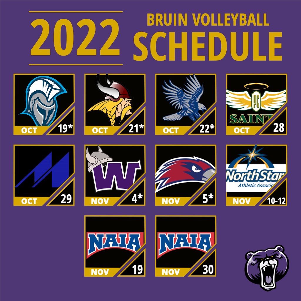 🚨 SCHEDULE RELEASE 🚨

The Bruins play a tough schedule, featuring matches against SIX teams that qualified for nationals at last season’s NAIA championship site and finished in the final Top 25 poll. 

Click on the link in our bio for details on opponents, times, and locations.