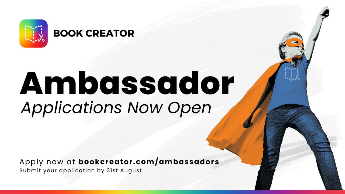 Fancy becoming a #BookCreatorAmbassador this year?

Well now is your chance! 🎊

Help shape the future of Book Creator and connect with our Ambassador community across the world. Apply at hubs.la/Q01h6hm80 and make sure to submit before August 31. ✨🚀