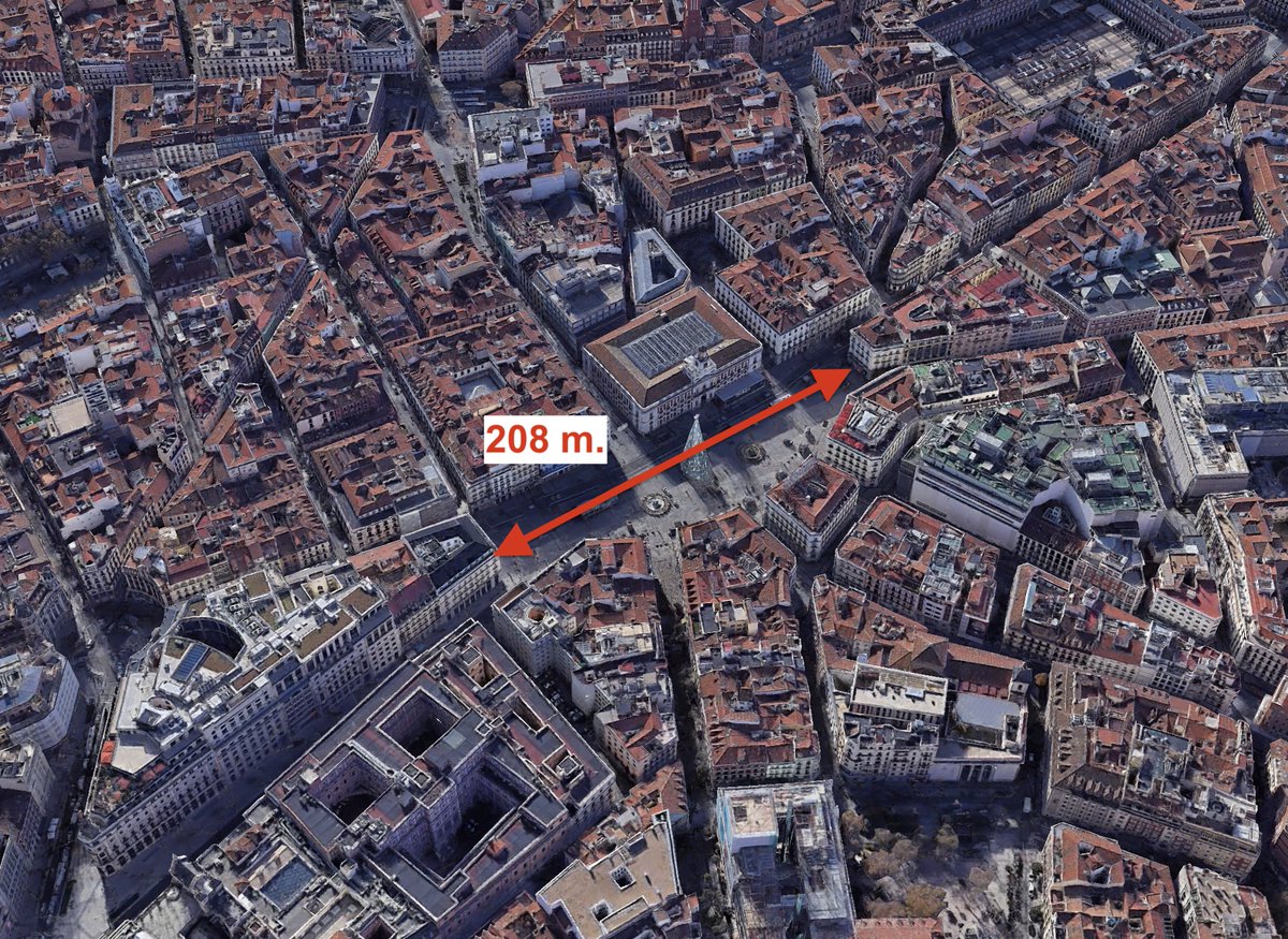 giraldeo's tweet photo. Estas dos imágenes están a la misma escala. La Puerta del Sol cabe dentro de la rotonda de Sanchinarro. https://t.co/QjMkf0QJsl