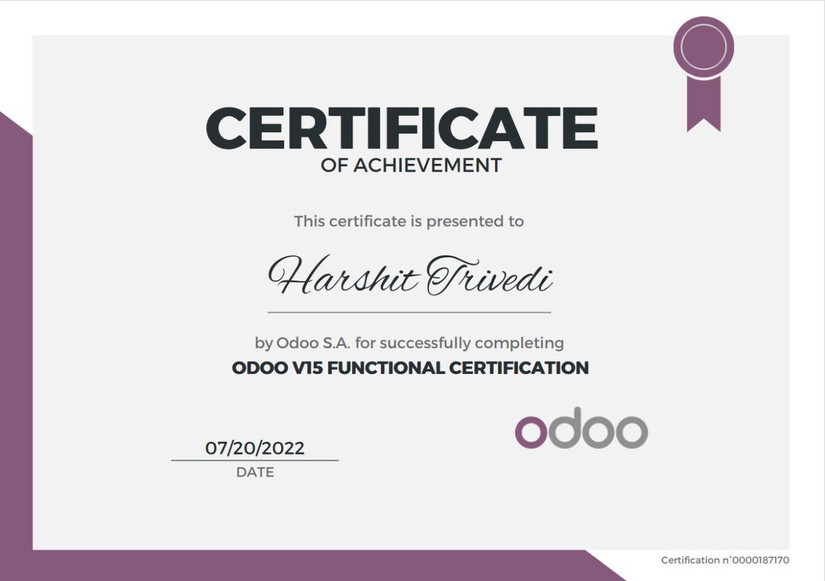 harshitt2194's tweet photo. I am delighted to share that I've have successfully completed Odoo V15 Functional Certification

#odoo https://t.co/kiUISnuFmk