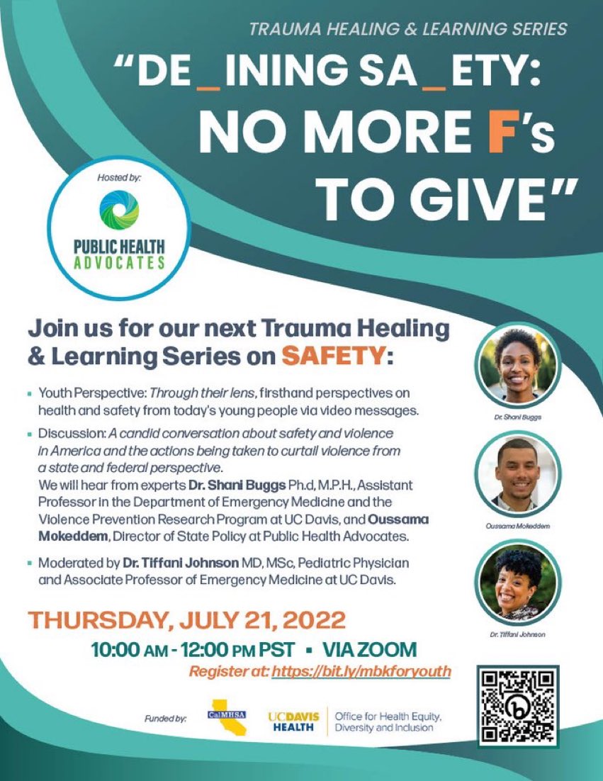 Dr. Tiffani Johnson, MD, MSc (@drtiffjohnson) on Twitter photo Hope you can join us tomorrow for a conversation about structural and community violence and how we can begin to (Re)define and create safety for vulnerable & marginalized youth. <a href="/AAPCA1/">California Chapter 1, AAP</a> <a href="/AAPCA2/">American Academy of Pediatrics, CA Chapter 2</a> <a href="/AAPCADocs/">AAP California</a> <a href="/CAMPOSUCDavis1/">CAMPOS UC Davis</a> <a href="/californiaacep/">California ACEP</a> <a href="/safekids/">Safe Kids Worldwide</a> <a href="/UCDavisEM/">UC Davis Health Department of Emergency Medicine</a> <a href="/UCDavisChildren/">UCDavisChildrensHosp</a> Hope you can join us tomorrow for a conversation about structural and community violence and how we can begin to (Re)define and create safety for vulnerable & marginalized youth. <a href="/AAPCA1/">California Chapter 1, AAP</a> <a href="/AAPCA2/">American Academy of Pediatrics, CA Chapter 2</a> <a href="/AAPCADocs/">AAP California</a> <a href="/CAMPOSUCDavis1/">CAMPOS UC Davis</a> <a href="/californiaacep/">California ACEP</a> <a href="/safekids/">Safe Kids Worldwide</a> <a href="/UCDavisEM/">UC Davis Health Department of Emergency Medicine</a> <a href="/UCDavisChildren/">UCDavisChildrensHosp</a>