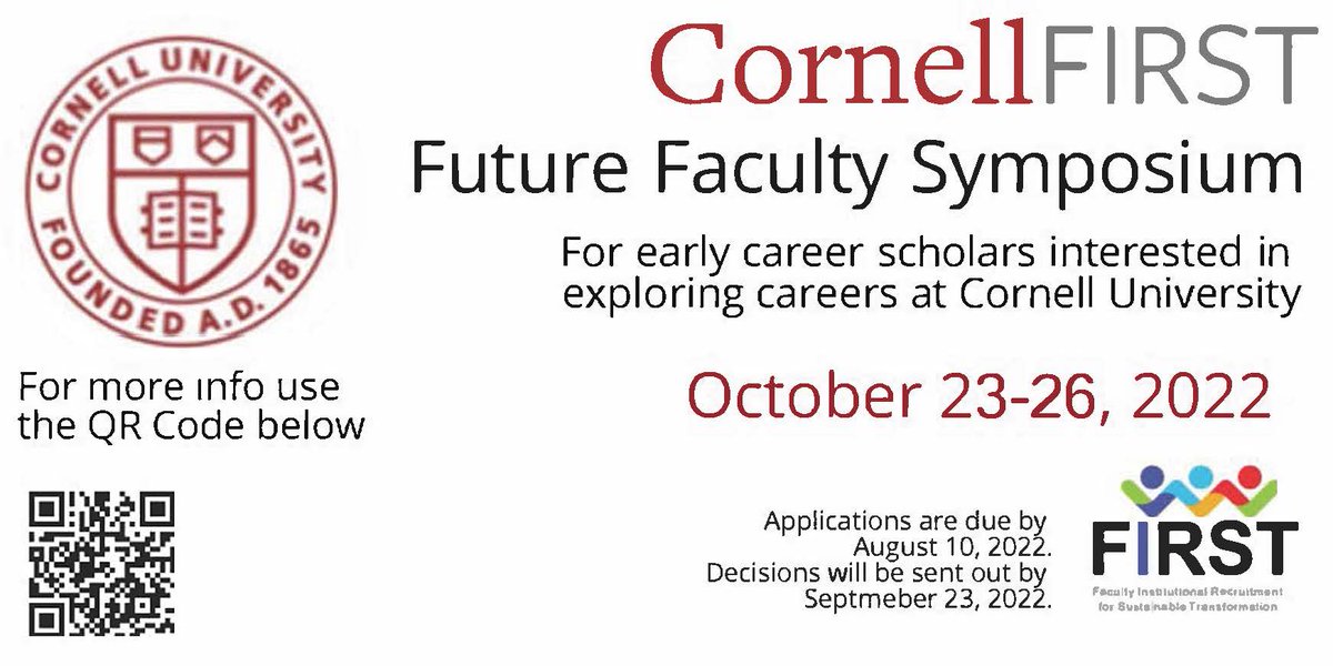 Interested in faculty positions at Cornell? Learn more at the @CornellFirst Future Faculty Symposium in October. @CornellBME #BioMedicalEngineering is one of the participating departments. Applications are due by August 10, 2022.