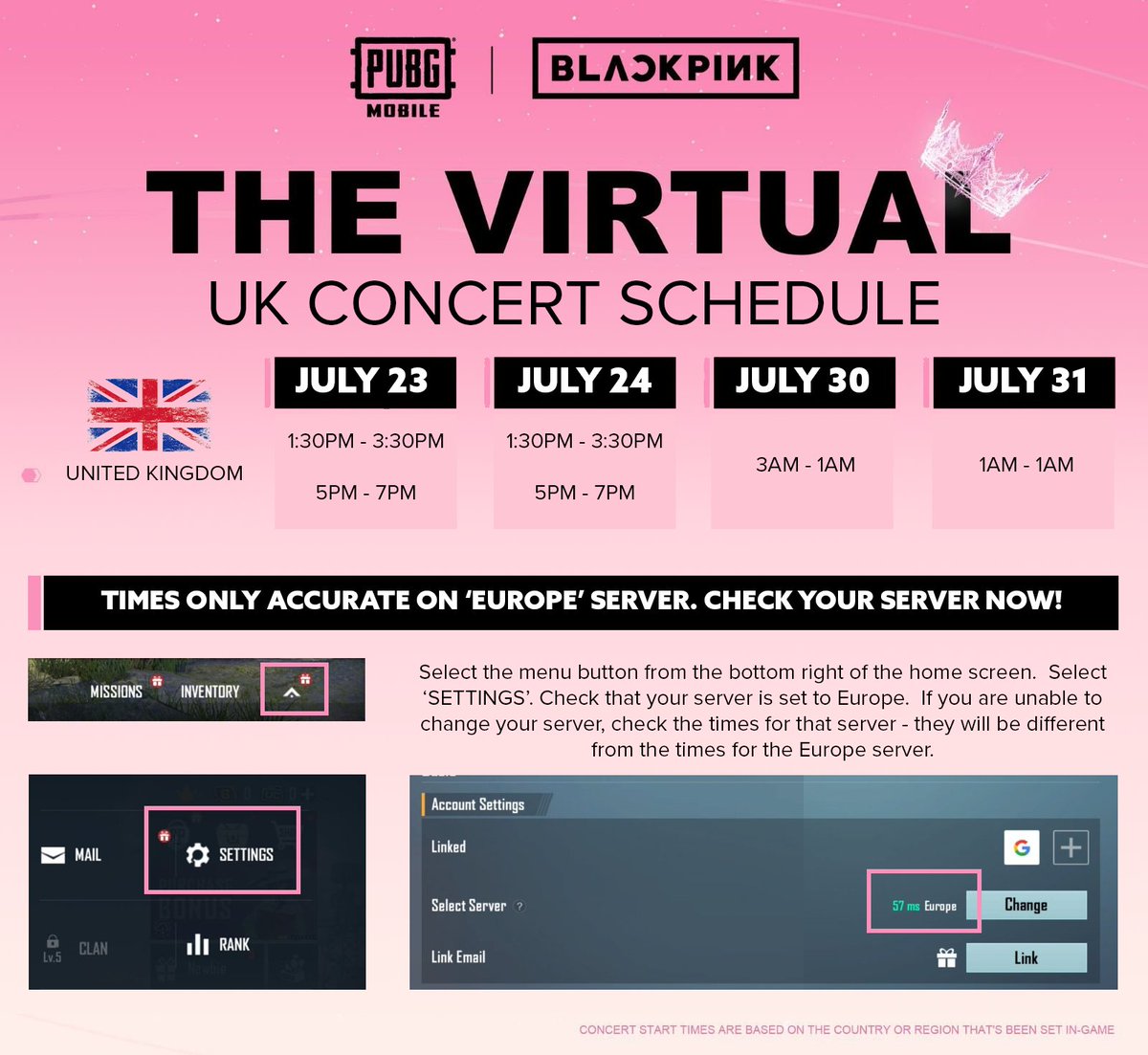 UK_BLINKS's tweet photo. BLINKS! ⚠️

Please check your SERVER for 'THE VIRTUAL'. The time of your concert is based on the server you are in. Go to:
> Menu
>> Settings
>>> Select server

Make sure to check the times for your server. Times below are UK times for Europe server. 

@BLACKPINK #BLACKPINK https://t.co/AdwRzoaym6