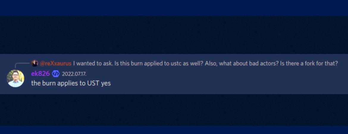 LunaUpLuna's tweet photo. I wanted to ask. Is this burn applied to ustc as well? Also, what about bad actors? Is there a fork for that?
ek826 2022.07.17. the burn applies to UST yes
💥RT + LIKE💥
#ust #ustc #ustburn #crypto #StableCoin https://t.co/FdJT2ycvLh