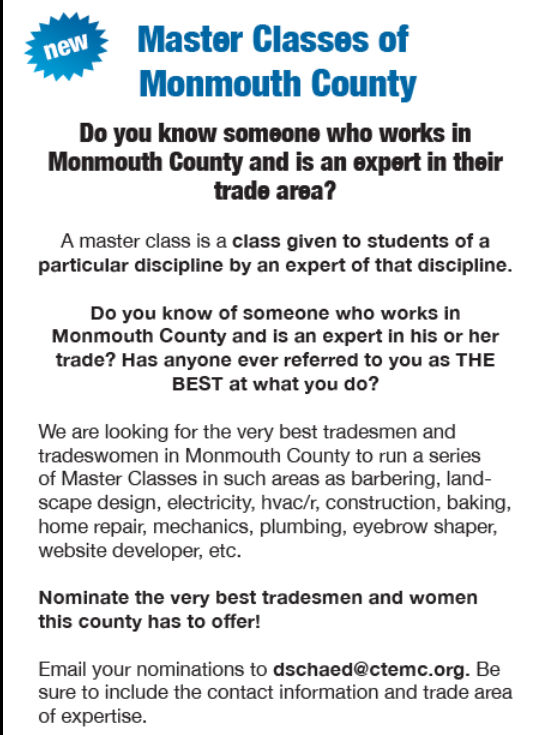 Kelly Height (@mskharmon) on Twitter photo MCVSD is looking for the very best tradesmen and women to help us run a series of Master Classes of Monmouth County... <a href="/cford/">Dr. Charles R. Ford</a> <a href="/DanaSchaed/">Dana Schaed</a> <a href="/CareerTechNJ/">CareerTechNJ</a> <a href="/NewJerseyDOE/">New Jersey Department of Education</a> <a href="/tomevancho/">Tom Evancho</a> <a href="/MeganLabas/">Megan Labas</a> MCVSD is looking for the very best tradesmen and women to help us run a series of Master Classes of Monmouth County... <a href="/cford/">Dr. Charles R. Ford</a> <a href="/DanaSchaed/">Dana Schaed</a> <a href="/CareerTechNJ/">CareerTechNJ</a> <a href="/NewJerseyDOE/">New Jersey Department of Education</a> <a href="/tomevancho/">Tom Evancho</a> <a href="/MeganLabas/">Megan Labas</a>