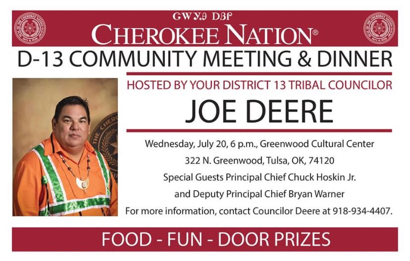 joedeerecnd13's tweet photo. 🚨🚨🚨 TONIGHT: looking forward to seeing you all in Tulsa. Food, fun, fellowship. Cherokee Nation services on-site. See you there. 
#cherokeenation
#D13
#Community https://t.co/n8S0RJcczz