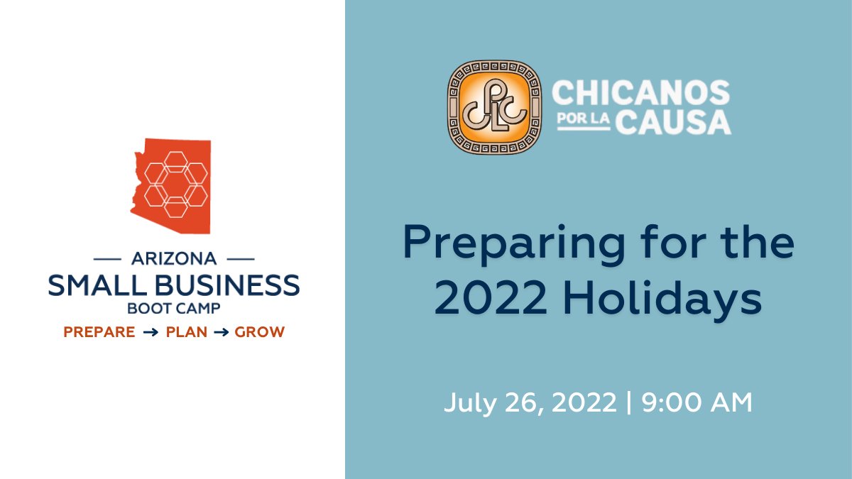 azcommerce's tweet image. Tune in for a #SmallBizBootcamp webinar with @CPLCdotORG to discover why it&apos;s the perfect time to prepare your business for the upcoming holidays. Join to evaluate your company&apos;s needs &amp;amp; ensure you have the capital required for a successful holiday season. bit.ly/ACASession237