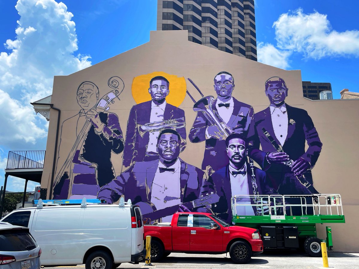 After being destroyed by #HurricaneIda last year, I’m so happy to see @Bmike_2c’s beautiful #BuddyBolden mural being repainted. 🎨💜🎺 #NewOrleans