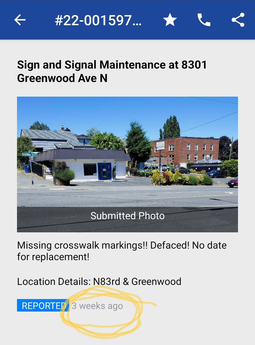 k_david's tweet image. Hey @seattledot - Is #finditfixit now broken? It's been 3 weeks since I reported the defacement of a pedestrian crossing! MIA over 2 months now, &amp;amp; all the citizens get is the SILENT TREATMENT. 🤔  @CMDanStrauss @SeattleCouncil  #seattledeptofcars #N83andGreenwood 
@SeattleDOTr