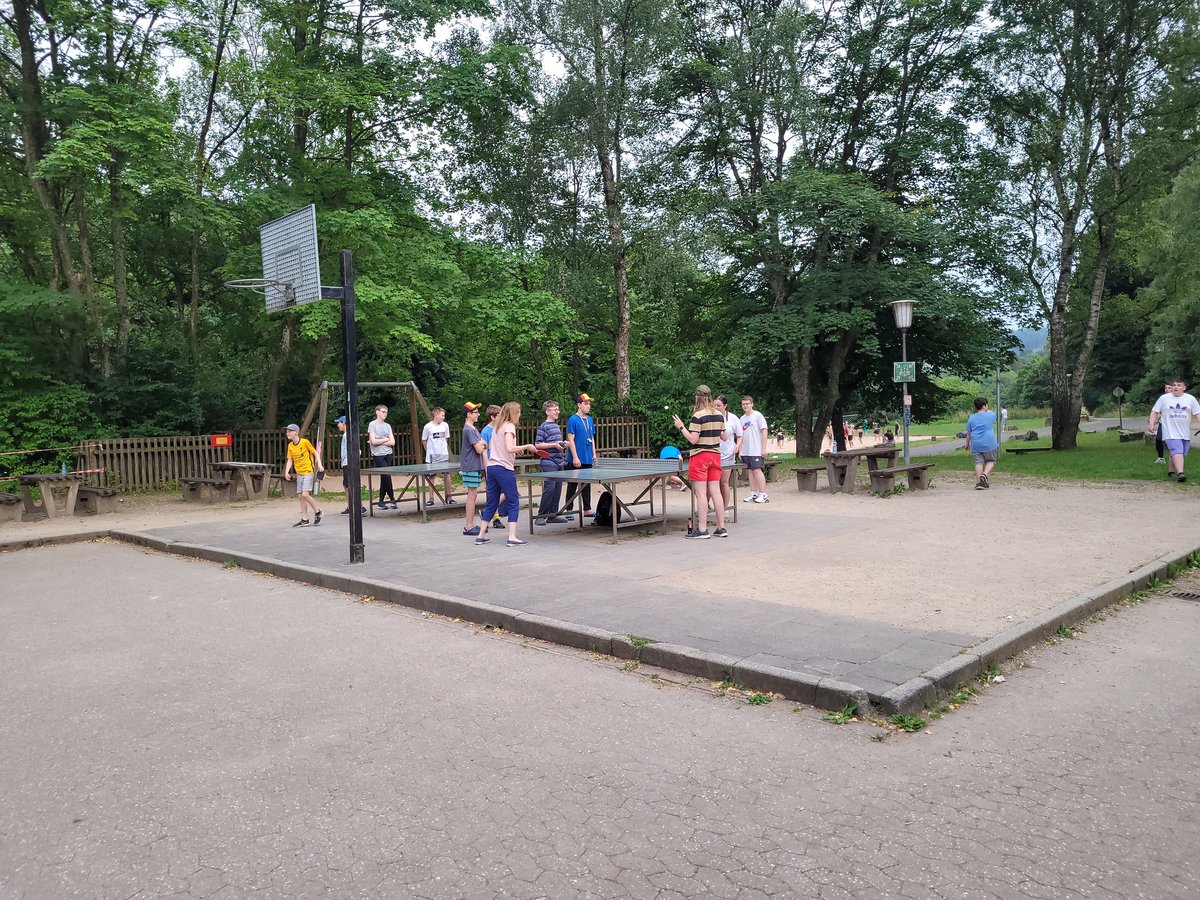 MFLSandbach's tweet photo. One last game of basketball/ping-pong/volleyball before bed time. Early rise tomorrow for the big return leg home. The boys had a ball at #Phantasialand today too. #hellenthal2022 #hometime #earlybird https://t.co/Qj4cVw92fT