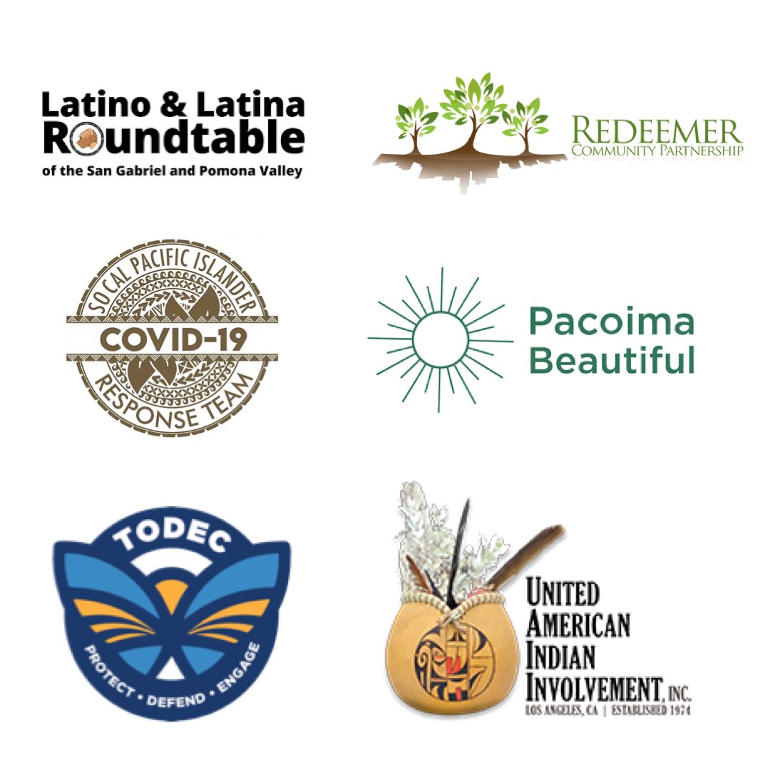 So excited to work w/ these great CBOs 🎉
1. Latino/Latina Roundtable <a href="/EmPOWERPomona/">EmPOWER Latino/Latina Roundtable</a>
2. Pacoima Beautiful <a href="/PB__Community/">Pacoima Beautiful</a>
3. Redeemer Community Partnership <a href="/RedeemerCP/">Redeemer Community Partnership</a>
4. TODEC <a href="/TODEC1/">TODEC Legal Center</a>
5. SoCal Pacific Islander COVID-19 Response Team 
6. United American Indian Involvement <a href="/UAIIinc/">U.A.I.I.</a>