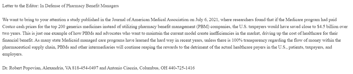 PopovianPharmD's tweet photo. Here is the LTE @A_Ciaccia and I submitted to the @WSJopinion concerning the opinion editorial published by the two PBM apologists, which unfortunately since @WSJopinion has become the new advertisement board of the PCMA, they refused to publish. https://t.co/DbqVybPDAC