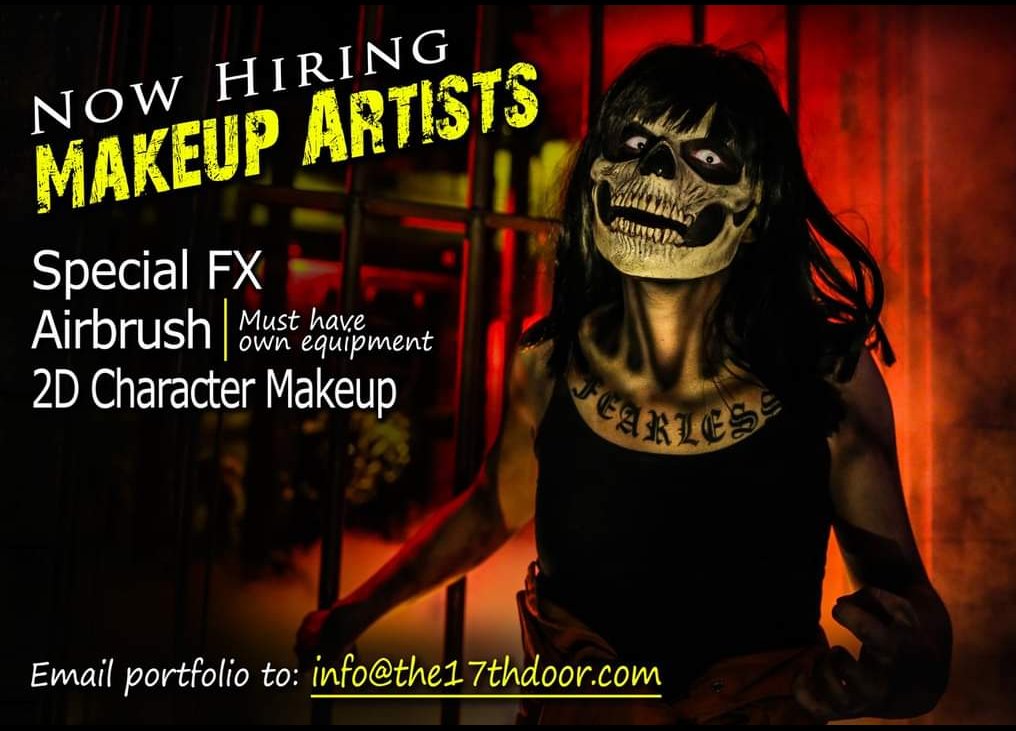 Actor4u2's tweet image. The 17th Door Haunt Experience. Join our Makeup Artist Team for the Halloween season! Must have own airbrush gun and compressor. Makeup products provided. Email resume and portfolio to: info@the17thdoor.com 
#the17thdoor #extreme #hauntedhouse #Halloween #makeup #makeupartist