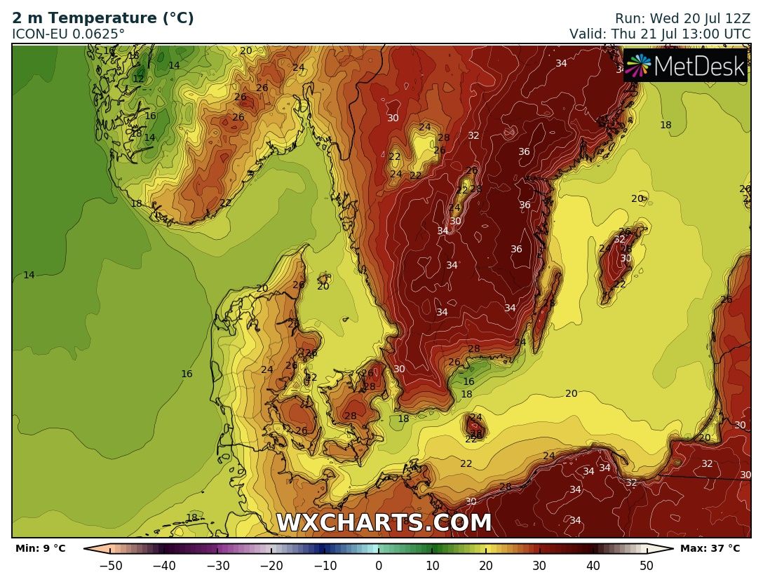 Après l'Espagne et le Portugal, l'Angleterre et la France puis l'Allemagne et le Danemark, demain jeudi, le sud-est de la #Suède sera exposée à des températures > 35°C. Localement 36/37°C possibles, près du record national. #canicule 