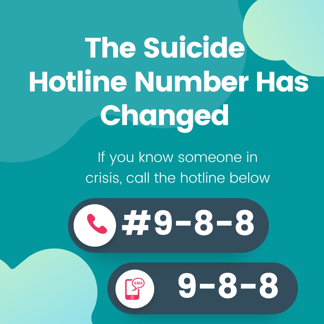 YWCASHR's tweet photo. The Suicide Hotline Number has changed to #9-8-8 for incoming calls and 9-8-8 for text messages. If you are in need of assistance, please don't hesitate to connect to a trained counselor. #ywcashr #YWCAIsOnAMission https://t.co/UvF5HUi0Dn