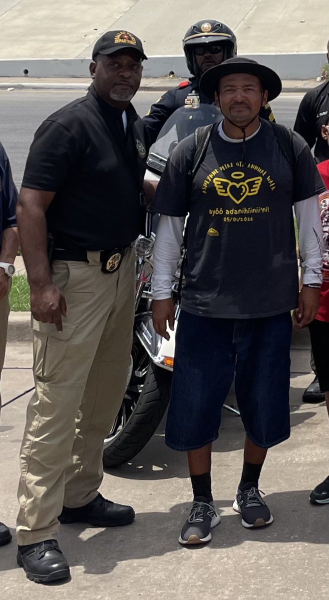 DallasPD's tweet photo. Frantz Beasley stops in Dallas on his walk from California to New York for @MMIWnativeVOICE to raise awareness of the violence, murder and trafficking of women and girls of color. https://t.co/XKFvyH8r2k