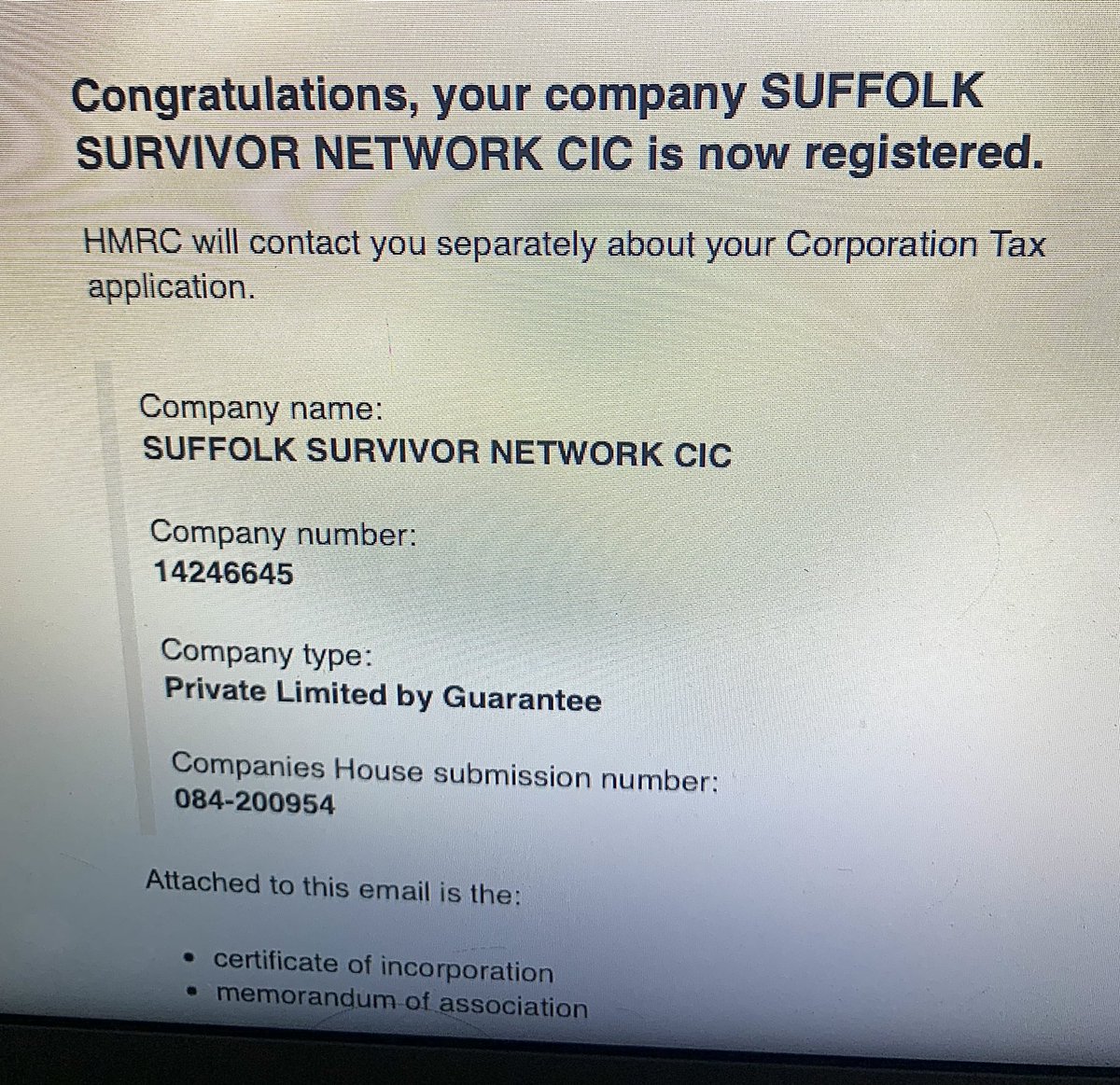 ssnetwk's tweet photo. Pleased to announce we have been officially incorporated! 🥳👏 We very much look forward to what the future may bring— and hope to reach many survivors in Suffolk and beyond 
#newcharity #suffolk #norfolk #cic #domesticabuseawareness #holistic #advocacy #emotionalsupport https://t.co/XQcMQ1xvWJ