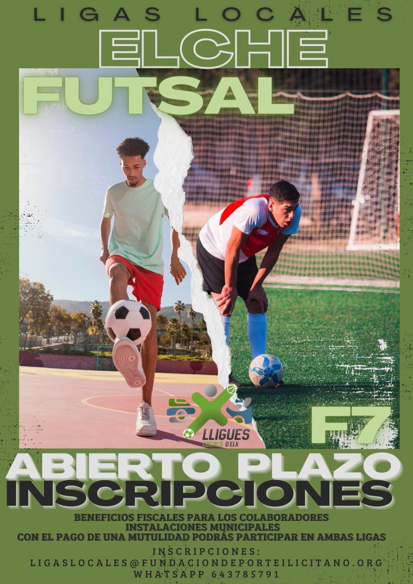 LigasLocalesElx's tweet photo. Inscripciones a las mejores ligas locales oficiales de Elche. 
Tanto fútbol sala, como fútbol 7 Inscripciones en la página web, toda la info en nuestros perfiles de redes, teléfono de contacto y correo.
No te lo pierdas, y únete a la mejores ligas locales oficiales de la ciudad https://t.co/y54pl3iPR7