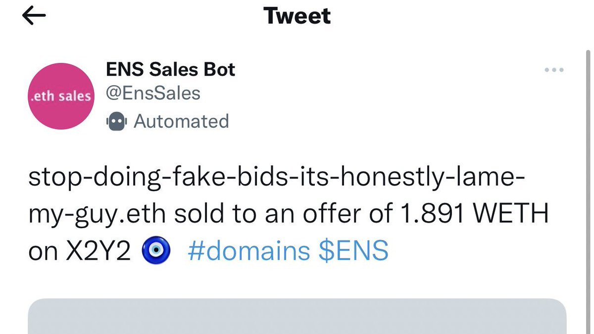 Bullkis1's tweet photo. When trying to outsmart the bots fail tldr:

@franklinisbored placed a fake 100 ETH bid on his own ENS and triggered a bot to offer him 1.891 that he accepted.

Big W turned into a big L when he forgot to cancel his own fake 100 bid before accepting the offer. https://t.co/ZY1J7vc3PE