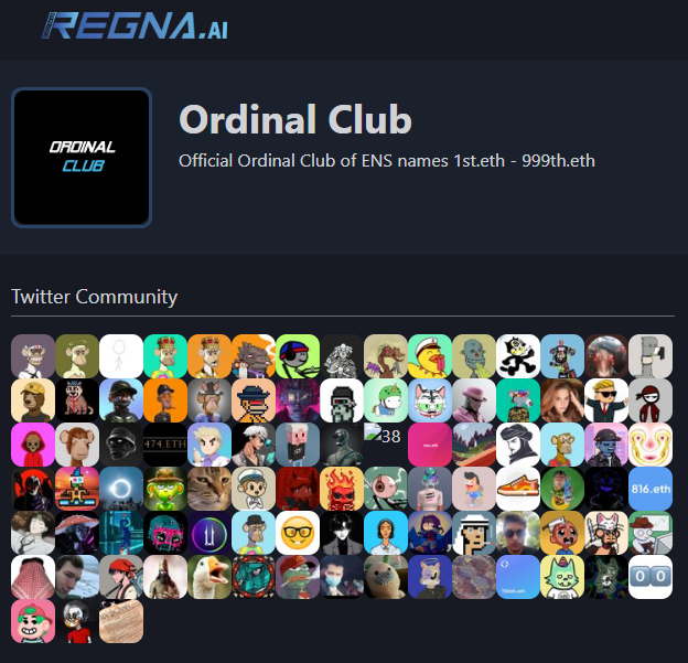 Our community is always growing! Less than 2 weeks ago we were not even minted out, now we're listed on <a href="/ensvision/">Vision.eth</a> &amp; <a href="/the_x2y2/">X2Y2</a>! 🥳

Huge thanks for all the support! ♥️

Image from <a href="/regnaAI/">regna.ai | ENS Discovery Tool</a> website!