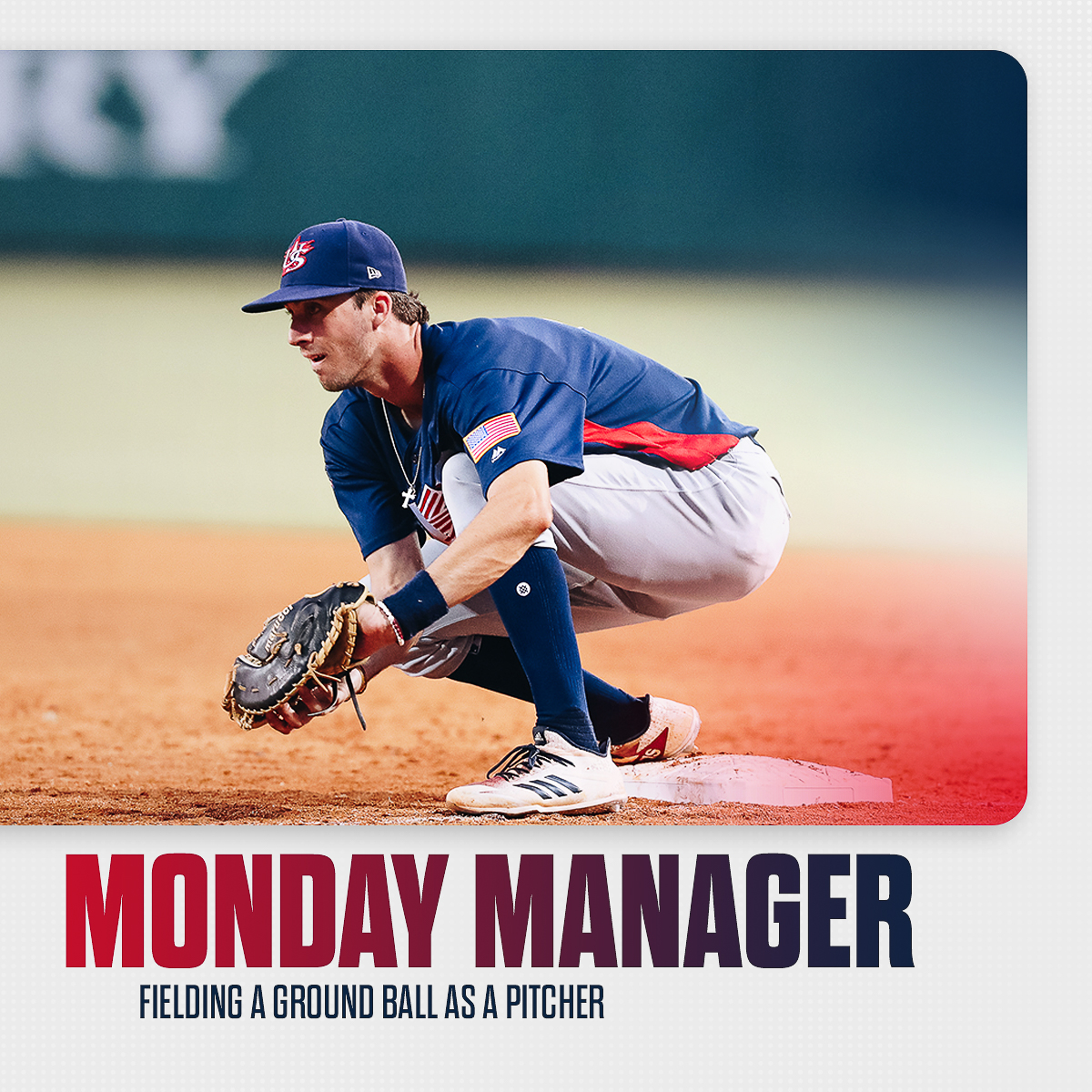 USABaseCoach's tweet photo. During the bottom of the eighth inning in a 4-4 game, the pitcher fields a ground ball for the final out of the inning👏  In today's #MondayManager, Tom Succow recaps the play and discusses pitchers fielding practice. 

🎥: https://t.co/Ztgcir4woy https://t.co/sEoc6c6QBY