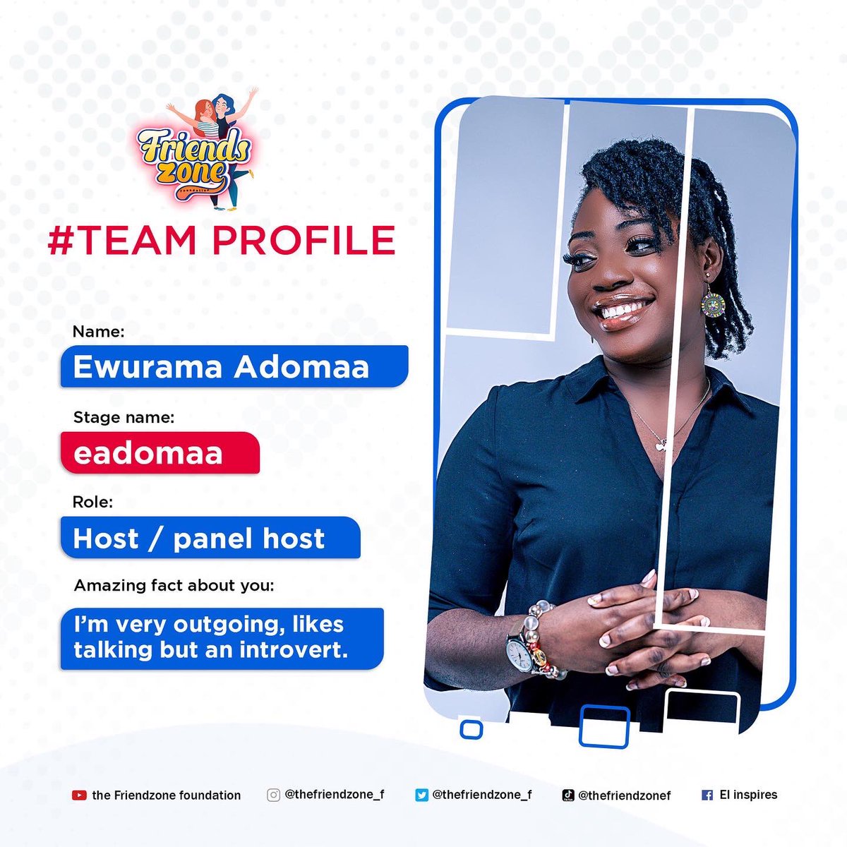 TheFriendZone_F's tweet photo. I am one of your lovely host and panel host of @thefriendzone_f show on YouTube. 
.
Catch me on the channel as I walk you through insightful and impactful sessions like 1 min with Eadomaa and many more. 
.
And ohh, you’d enjoy me🤣
#youthshow #talkshow #empowerment #picoftheday https://t.co/jc6UEjAUpF