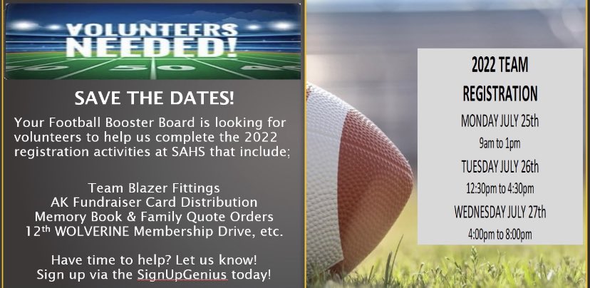 South Football (@sahsfootball) on Twitter photo Thanks for everyone who has signed up so far! Volunteers are still needed for Wednesday from 2:30-4:30, sign up through this signup genius link. signupgenius.com/go/30E0944ACAC… Thanks for everyone who has signed up so far! Volunteers are still needed for Wednesday from 2:30-4:30, sign up through this signup genius link. signupgenius.com/go/30E0944ACAC…