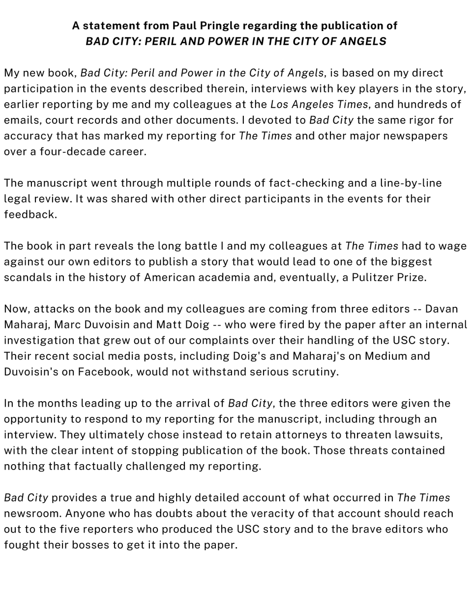 PaulPringleLA's tweet photo. A statement regarding the publication of my book, BAD CITY: PERIL AND POWER IN THE CITY OF ANGELS https://t.co/Hh1LaCDy3M