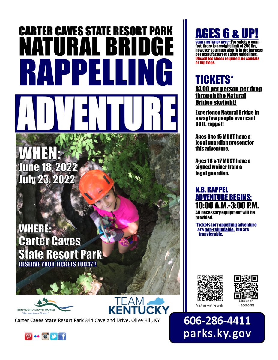 This weekend only!! Join us for a thrilling 60 foot drop through Carter Cave's own Natural Bridge Skylight!
Call today and reserve your time slot!

 #kystateparks #cartercavesstatepark #travelky #bestkeptsecret #ghostsandlegends #caves