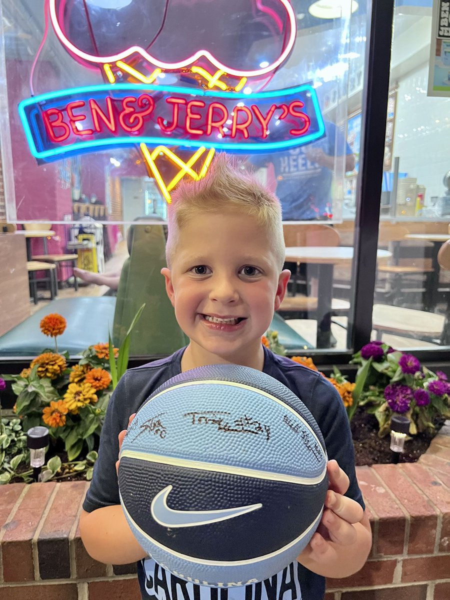 Huge thank you to the <a href="/UNC_Basketball/">Carolina Basketball</a> freshman players Seth Trimble, Jalen Washington, Will Shaver, Tyler Nickel for signing my sons ball and making his UNC visit memorable! Even during your dinner, you made time for him. Thank you!! Go Heels!