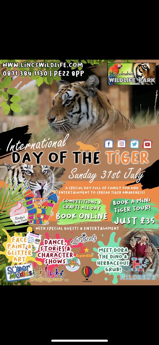 🐯International Day if the TIGER!

🐅Join us at this wonder day out at @LincolnshireWi1!

#tiger #wildlifepark #event #fun #family #makememories