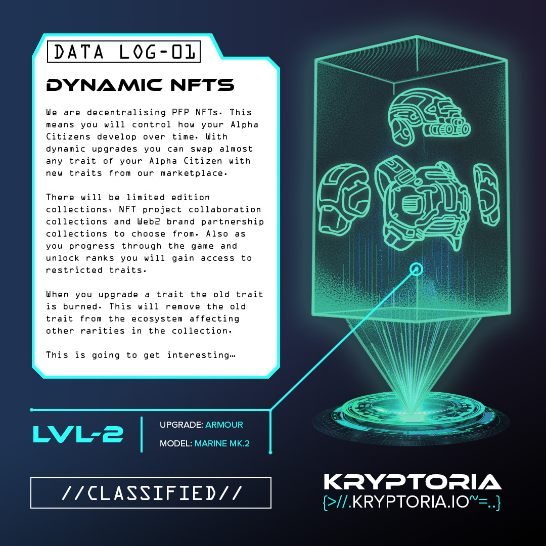 In Kryptoria, you can customize your digital identity.

Dynamic NFTs are the next step in the evolution of NFTs.