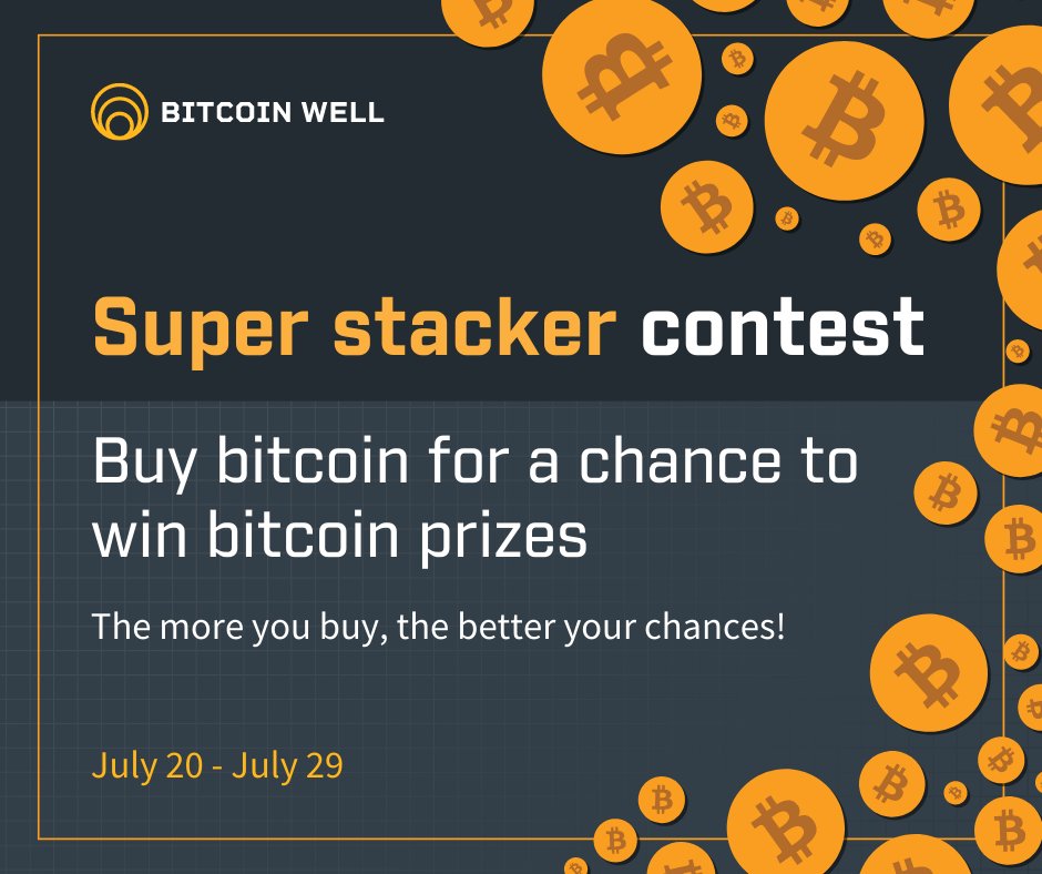 bitcoinwell's tweet photo. Buy bitcoin from Bitcoin Well between July 20th - July 29th for your chance to win and become a super stacker!
Super stackers will win either $100, $50 or $25 in #bitcoin
The more you buy, the better your chances of winning!
Start today: https://t.co/2T2H8ZTRgD
#superstacker https://t.co/DNKrD19XpG