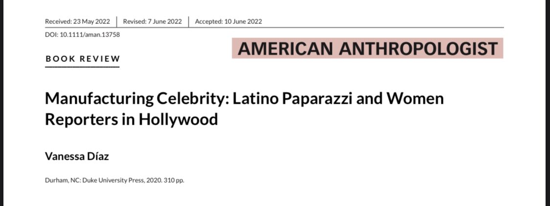 DiazCollective's tweet photo. @AmericanAnthro reviews Díaz Collective founder @vanessajdiaz book Manufacturing Celebrity. The review highlights its accessibility and relevance as an ethnography. 

Read highlights reviewing Diaz’s analysis of the media industrial complex below: 

#anthropology #wocbrilliance https://t.co/E0xPQD5PUm