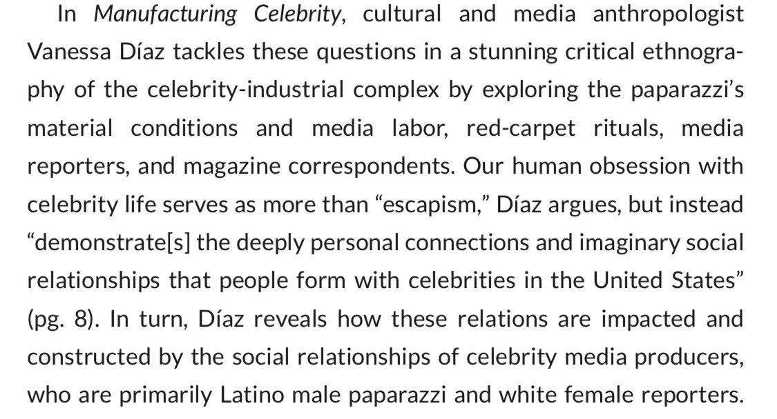 DiazCollective's tweet photo. @AmericanAnthro reviews Díaz Collective founder @vanessajdiaz book Manufacturing Celebrity. The review highlights its accessibility and relevance as an ethnography. 

Read highlights reviewing Diaz’s analysis of the media industrial complex below: 

#anthropology #wocbrilliance https://t.co/E0xPQD5PUm